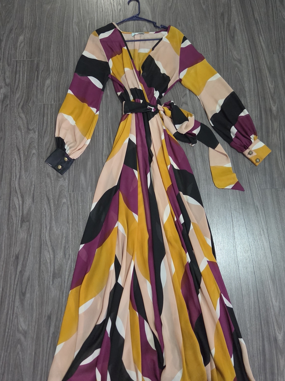 Elegant Abstract Multicolor Long Sleeve Wrap Maxi Dress - Mustard, Plum, Black